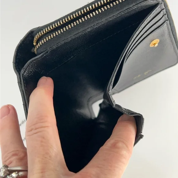 Authentic YSL Black Leather Chevron Pattern Wallet with Gold Logo - Picture 8 of 11